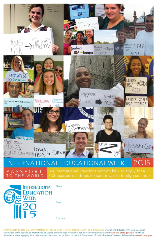 Ein Plakat für die Internationale Bildungswoche 2015, das eine Gruppe von Menschen mit Schildern zeigt, mit Text, der Informationen zum Event enthält.