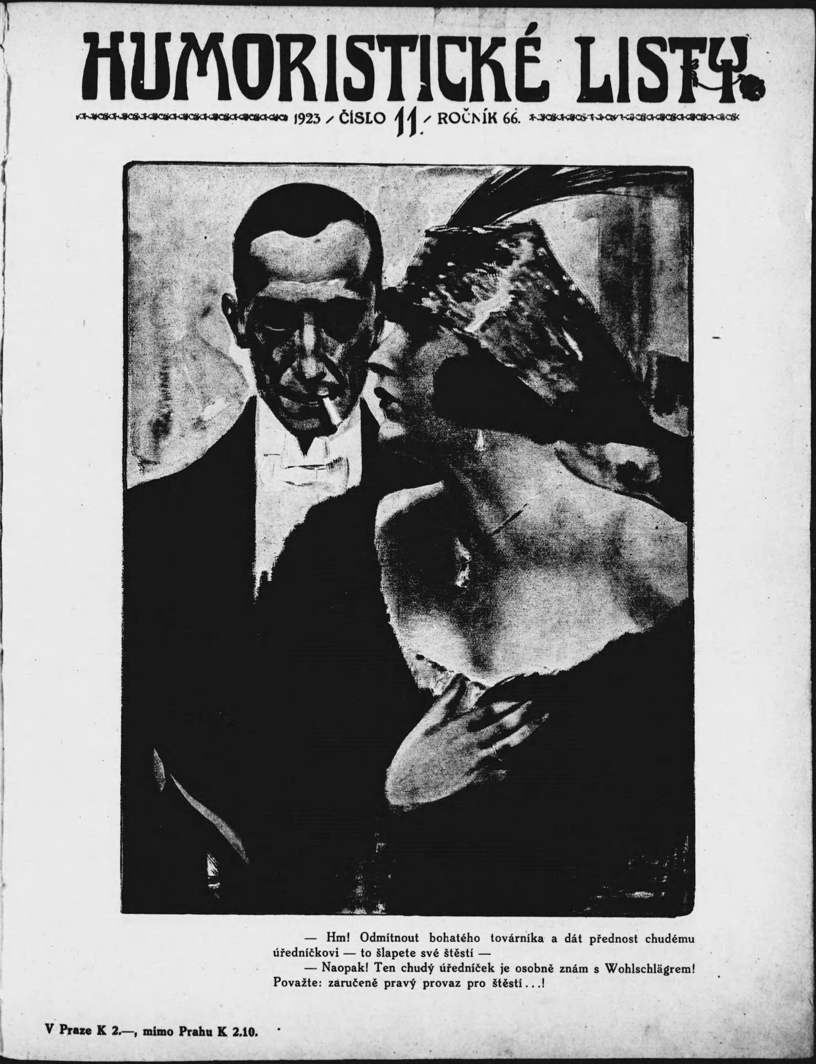 Schwarz-weißes Magazin-Cover mit der Aufschrift 'Humoristische Liste', das einen Mann in einem Anzug mit ernster Miene und eine Frau zeigt, die wegschaut und leicht schmunzelt.