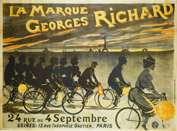 Eine Gruppe von Radfahrern, die mit dem Eiffelturm im Hintergrund bei einem Radrennen in Paris, Frankreich, auf einem Plakat zu sehen sind.