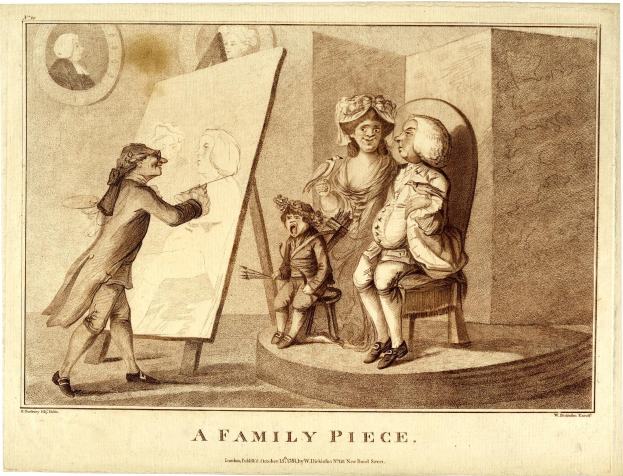 Familienporträt mit einem stehenden Mann links, einer sitzenden Frau in der Mitte und zwei sitzenden Kindern rechts; eine Uhr hängt an der Wand hinter ihnen, mit Text unten.