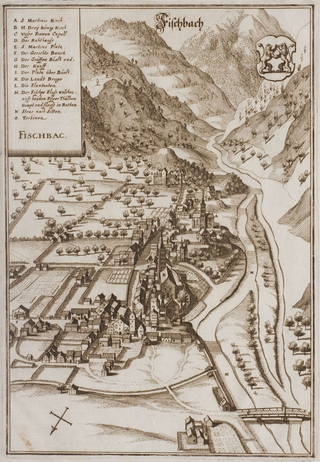 Alte Karte von Fischbach, Deutschland, mit H├Ąusern, B├Ąumen, H├Ąngen, einem gewundenen Fluss und Text mit einem Logo auf vergilbtes Papier.