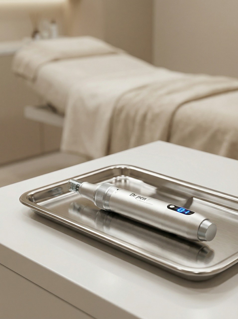 Moderne Microneedling-Ausrüstung auf einem sterilen Tablett in einem professionellen Kosmetikstudio.