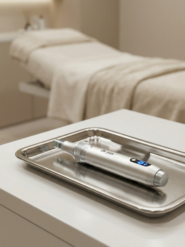 Moderne Microneedling-Ausrüstung auf einem sterilen Tablett in einem professionellen Kosmetikstudio.