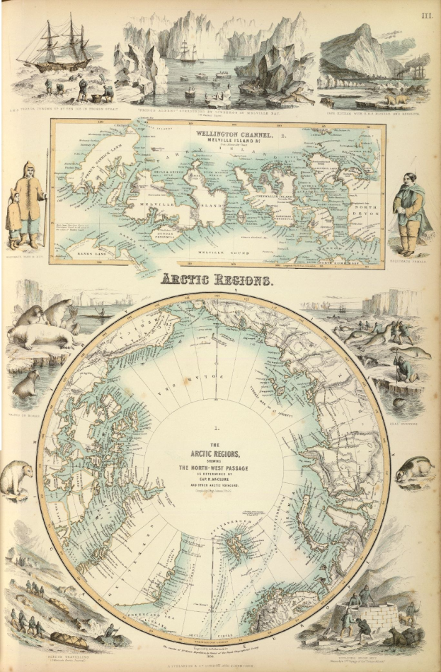 Altes Buch mit detaillierter Karte der Arktisregion mit Illustrationen von Menschen, Tieren und Text.