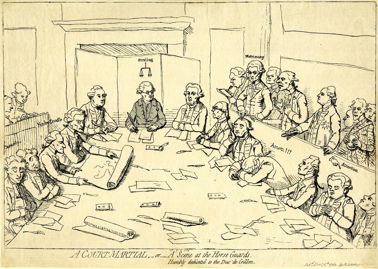 Gerichtssaal-Szene mit Anwaelten um einen langen Tisch mit Dokumenten und Gegenstaenden bedeckt, mit Text unten sichtbar.