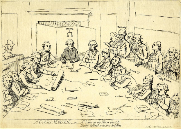 Gerichtssaal-Szene mit Anwaelten um einen langen Tisch mit Dokumenten und Gegenstaenden bedeckt, mit Text unten sichtbar.