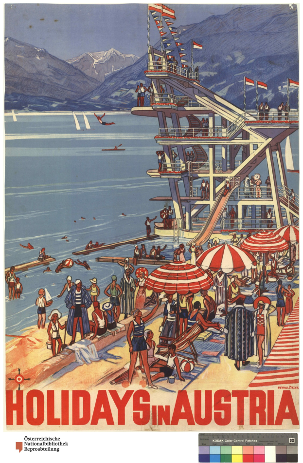 Plakat für Urlaube in Österreich mit Menschen am Strand mit Schirmen, einem Schiff im Hintergrund, schwingenden Fahnen, entfernten Bergen und Text.