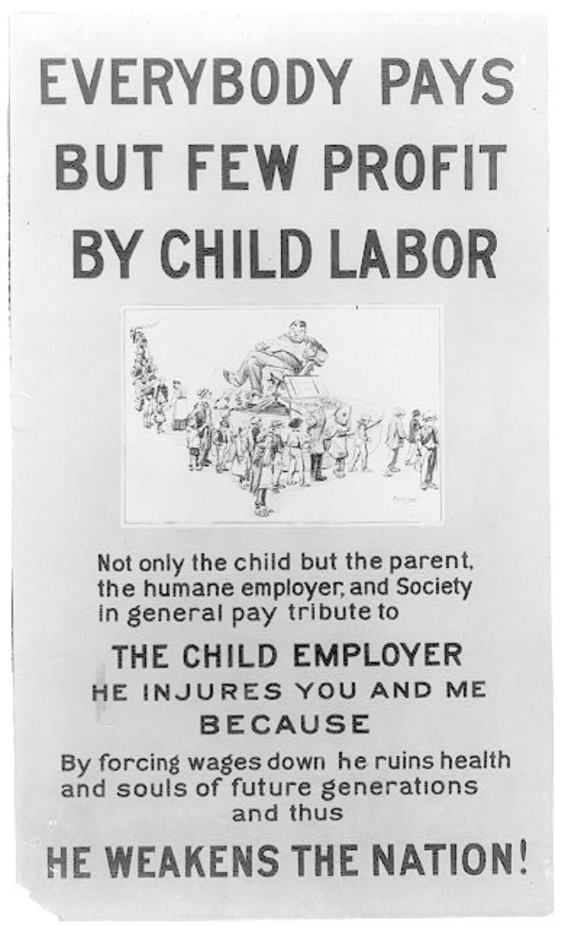 Schwarz-weißes Plakat mit Text "Jeder zahlt, aber wenige profitieren von Kinderarbeit" und einer Gruppe von Menschen.