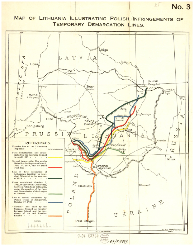 Detailierte Karte von Litauen mit markierten polnischen Verstößen gegen übergehende Demarkationslinien, einschließlich Städten, Dörfern und geographischen Merkmalen, begleitet von erläuterndem Text.