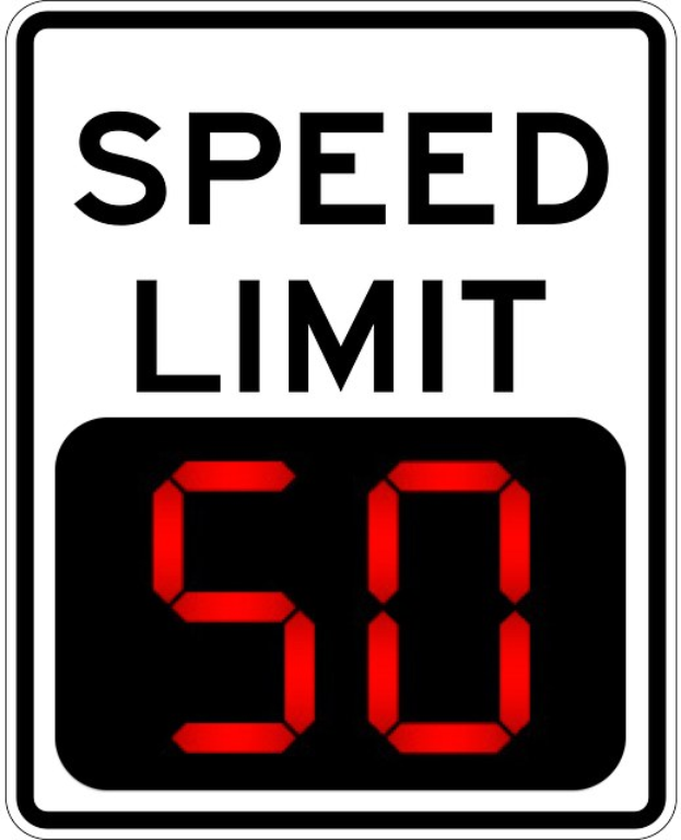 Geschwindigkeitsbegrenzungsschild mit der Aufschrift "Geschwindigkeitsbegrenzung" und "50", das eine Höchstgeschwindigkeit von 50 km/h anzeigt.
