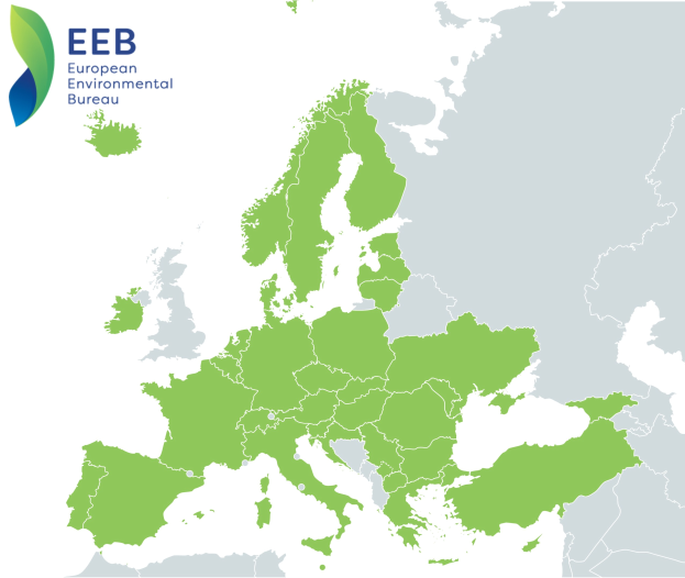 Eine Europakarte mit dem Logo des Europäischen Umweltbundes im linken oberen Eck, in verschiedenen Grüntönen schattiert, um die EU-Regionen anzuzeigen.