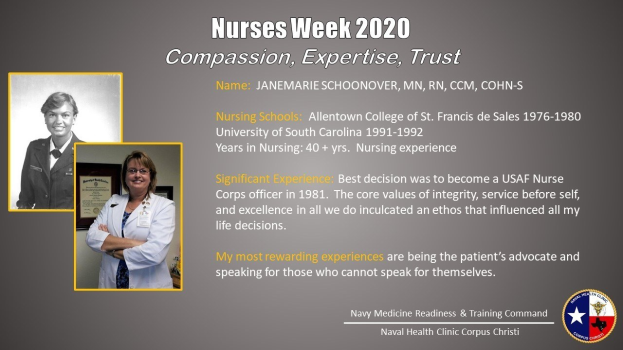 Plakat zur Nurses Week 2020 mit zwei Nurse-Fotos links und Text rechts, der "Compassion, Expertise, Trust" lautet und ein Logo unten rechts enthält.