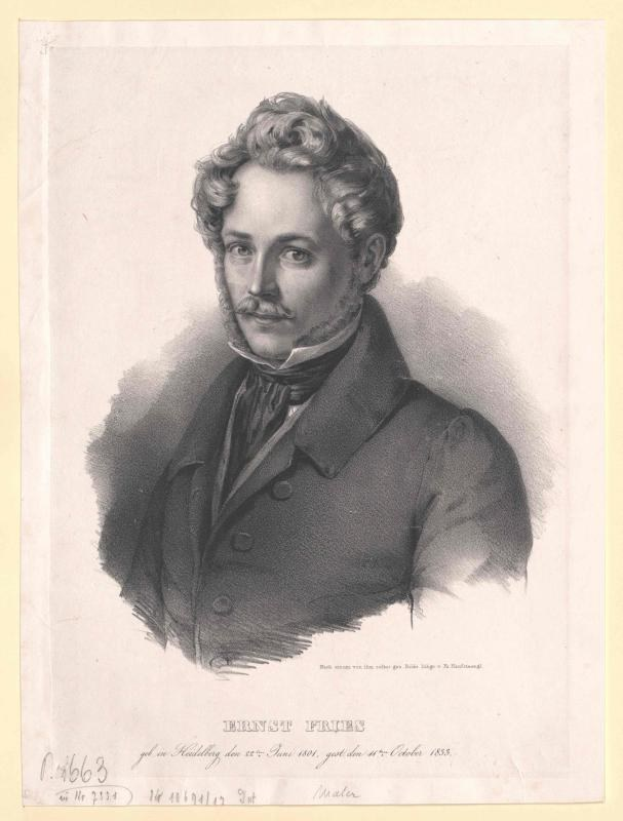 Schwarzes und weißes Porträt von Ernst Frühls, einem deutschen Komponist und Pianisten, der einen Anzug trägt und einen Schnurrbart hat, mit ernster Miene und deutschem Text unten.