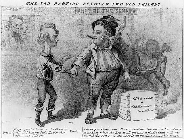 Schwarzer und weißer Cartoon von zwei alten Freunden, die sich an den Händen halten, mit der Bildunterschrift "Der traurige Abschied von zwei alten Freunden."