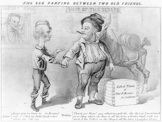 Schwarzer und weißer Cartoon von zwei alten Freunden, die sich an den Händen halten, mit der Bildunterschrift "Der traurige Abschied von zwei alten Freunden."