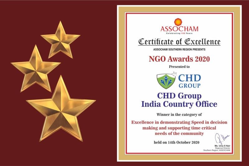 Auszeichnung 'Exzellenzzertifikat' für die NGO Awards 2020 an Chd Group India Country Office verliehen, mit einem Schild-Logo mit einem zentralen Stern und einem Lorbeerkranz.