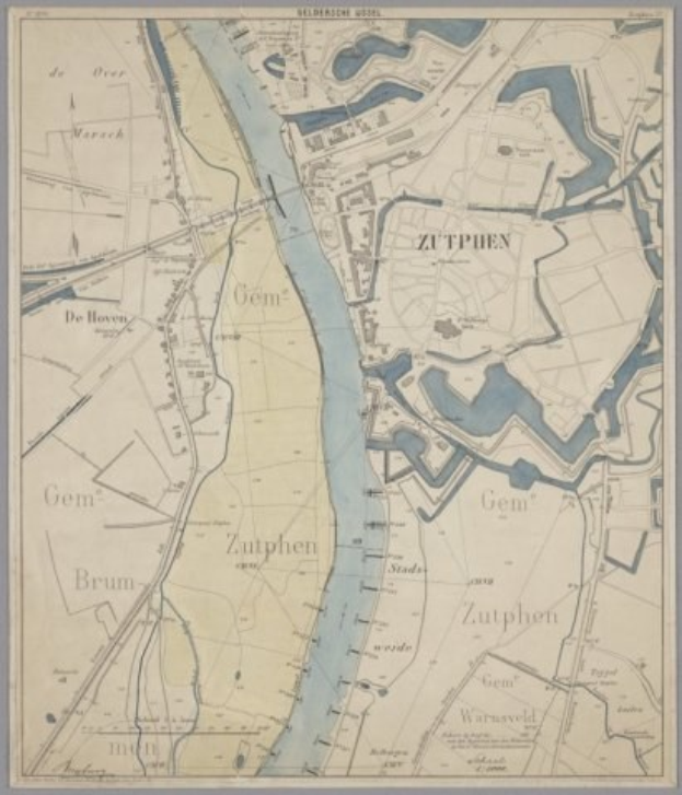 Ausführliche alte Karte von Zutphen, Deutschland, mit Textanmerkungen, die das Stadtlayout zeigen.