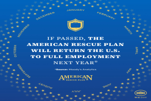 Ein blaues Plakat mit Text und Logo, auf dem steht: "Wenn das American Rescue Plan Gesetz wird, wird die USA im nächsten Jahr wieder Vollbeschäftigung erreichen."