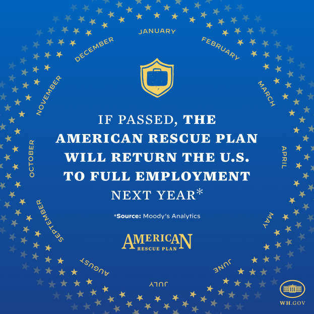 Ein blaues Plakat mit Text und Logo, auf dem steht: "Wenn das American Rescue Plan Gesetz wird, wird die USA im nächsten Jahr wieder Vollbeschäftigung erreichen."
