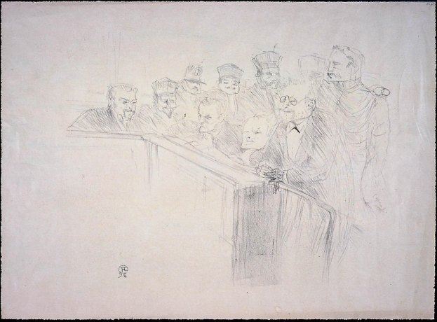Schwarz-weiß-Zeichnung einer Gruppe von Menschen, die an einem unordentlichen Tisch in einem Gerichtssaal sitzen, während einige ernst und andere besorgt aussehen, umrahmt von einem schwarzen Rand.