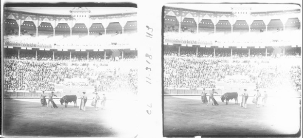 Schwarzes und weißes Foto eines Stierkampfs in einem Stadion mit Zuschauern auf den Tribünen und Menschen in der Nähe von Tieren im Vordergrund.