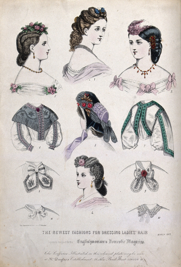 Ein Artikel mit dem Titel "Die neuesten Moden für die Frisur von Damen" mit Abbildungen von Frauen in verschiedenen Kleidern und Frisuren, mit leuchtenden bis matten Farbschemata.