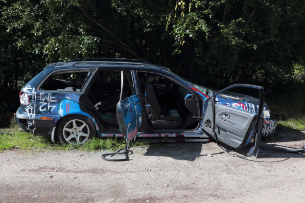 Ein demoliertes Auto am Straßenrand mit Gras und Bäumen im Hintergrund.