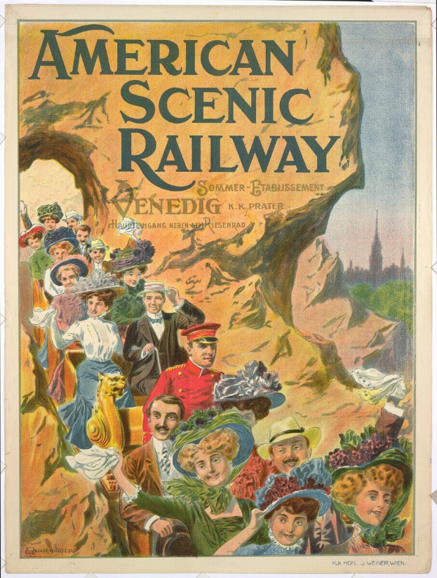 Plakat für die Amerikanische Scenic Railway in Venedig, Deutschland, zeigt Menschen vor Hügeln unter einem klaren blauen Himmel mit Text und einigen, die Hüte tragen.