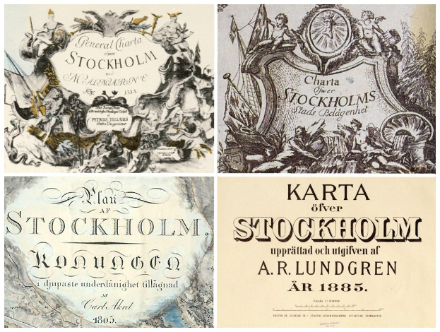 Vier verschiedene Stockholm-Aktienzertifikate mit Text und Bildern, angeordnet in einer Collage.