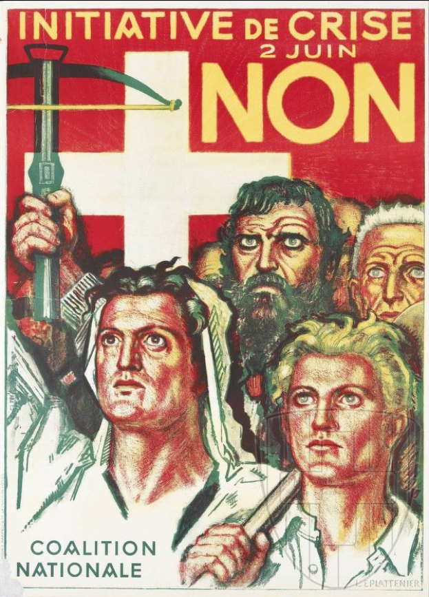 Plakat für die Initiative Coalition Nationale de crise non, das eine Gruppe von Menschen mit Hammer und Sichel zeigt und Textinformationen über die Organisation enthält.
