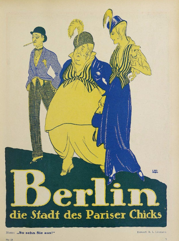 Plakatankündigung für ein Konzert in Berlin, Deutschland, mit einer Gruppe farblich gekleideter Menschen vor einem Gebäude und dem Text "Berlin - Die Stadt des Pariser Chicks" oben.