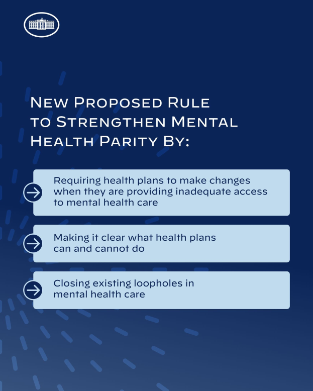 Ein blauer Hintergrund mit weißer Schrift und einem weißen Kreis-Logo mit einer blauen Umrandung, das eine neue Regelung zur Stärkung der psychischen Gesundheit umreißt.