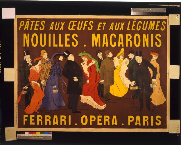 Plakat in einem Fotorahmen, das die Ferrari-Oper in Paris bewirbt, mit einer Gruppe von Menschen im Vordergrund und Text im Hintergrund.