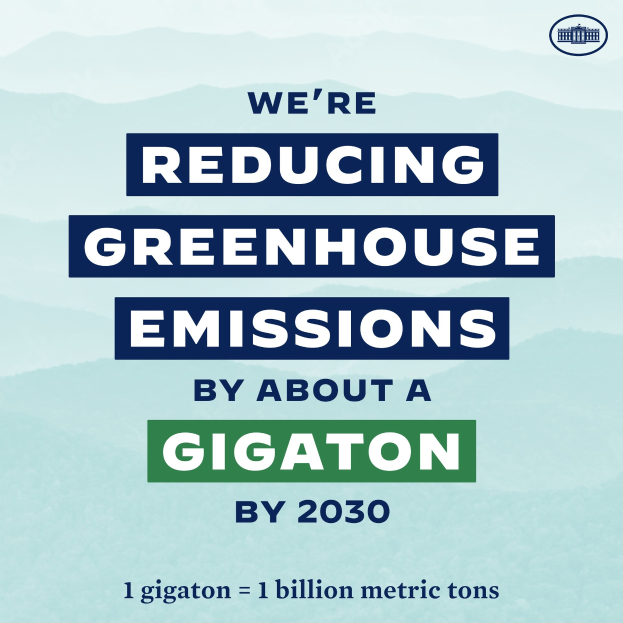 Plakat mit der Aufschrift "Wir reduzieren die Treibhausgasemissionen um etwa eine Gigatonne bis 2030" mit einem Logo, das die Reduzierung von Treibhausgasen bis 2030 fordert.