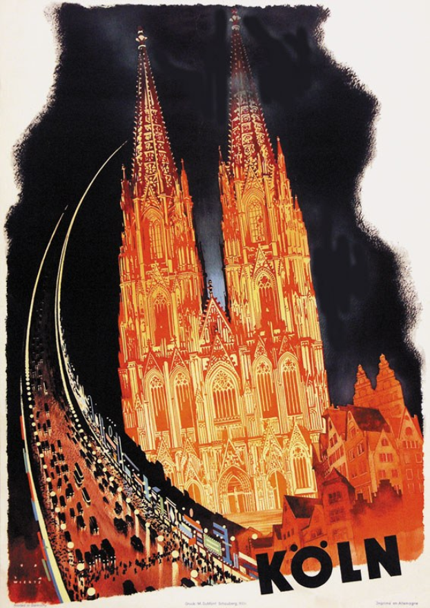 Illustrierter Plakataufdruck des Kölner Doms mit seinen beiden Türmen, der die Kölner Bahnstation und -leistungen bewirbt.