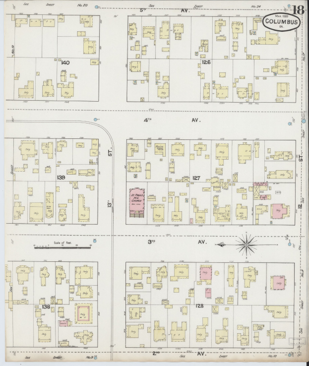 Ausführliche alte Karte von Columbus, Ohio, die Straßen, Parks, Sehenswürdigkeiten und beschriftete Gebäude anzeigt.