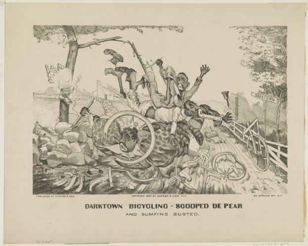 Eine Schwarz-Weiß-Illustration von Menschen, die ein leuchtend gelbes Fahrrad unter einem dunklen blauen Himmel fahren, mit der Beschriftung "darktown bicycling - scooped de pear and sumfins busted" und Figuren, die besorgt wirken.