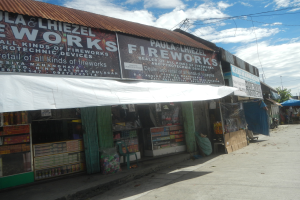 Eine Schwarz-Weiß-Zeichnung eines großen Gebäudes, das von Bäumen und einem Zaun umgeben ist, mit Feuerwerk, das über ihm explodiert.