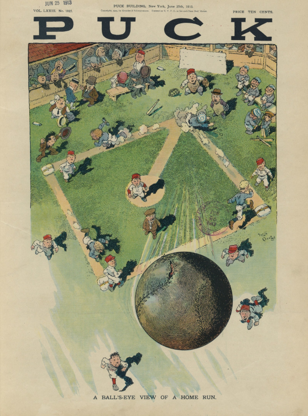 Alter Buchumschlag mit einer Karikatur eines Baseballspiels aus dem Puck Magazine vom 25. Juni 1913, mit einem Ball im Spiel auf dem Feld.