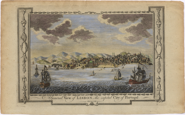 Ausblick auf Lissabon, Portugal, mit Booten auf dem Wasser, Gebäuden auf Hügeln und einem bewölkten Himmel, mit Text unten.