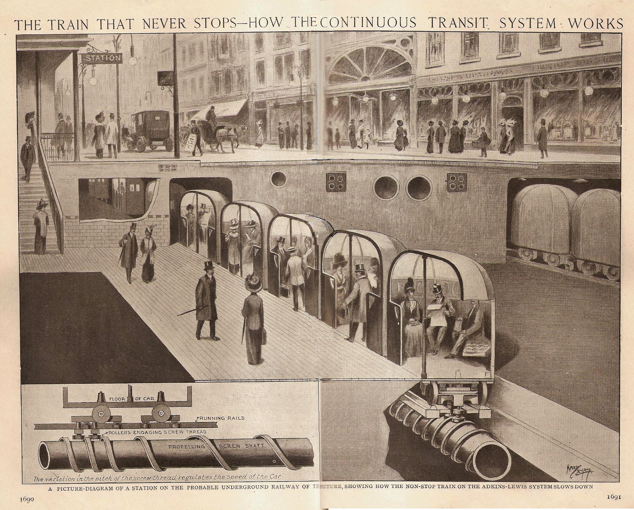 Eine Zeitung mit Bildern von Menschen, Zügen und anderen Gegenständen sowie dem Text "Der Zug, der nie aufhört - wie das ständige Transportsystem funktioniert".