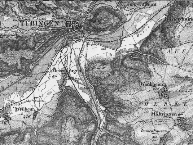 Alte Schwarz-Weiß-Topographische Karte von Tübingen mit detailliertem Text und Stadtlayout.