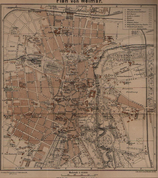 Detailierte alte Karte von Weimar, Deutschland, mit Straßen, Gebäuden und Landmarken, mit Text oben und unten.