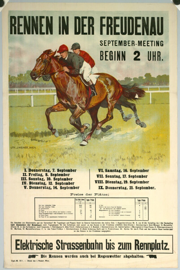 Plakat, das ein Pferderennen in Deutschland ankündigt, mit zwei Reitern auf Pferden im Vordergrund und Bäumen im Hintergrund, sowie Text mit Renninformationen.