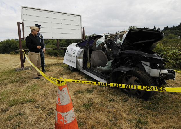 Ein Polizeibeamter in Uniform steht neben einem schwer beschädigten Auto am Straßenrand mit eingedellter Haube und zersplitterten Fenstern, in der Nähe einer Verkehrskegel und einer bandagierten Stange, mit Bäumen und einem bewölkten Himmel im Hintergrund.