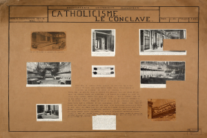 Ein Buch mit Bildern und Texten zur Geschichte der katholischen Kirche, darunter Bilder von ihren Räumen, Fluren und konservierten Artefakten.