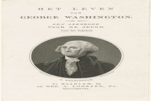 Porträt von George Washington auf Papier mit Text, frontal mit ernstem Gesichtsausdruck, gekämmtes Haar sichtbar, Anzug und Krawatte tragend.