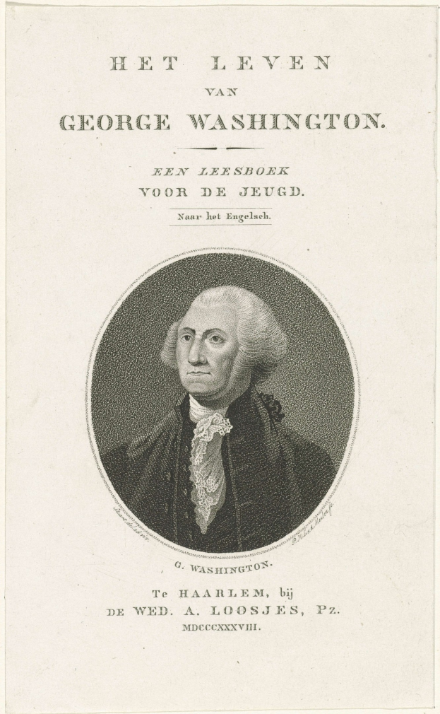 Porträt von George Washington auf Papier mit Text, frontal mit ernstem Gesichtsausdruck, gekämmtes Haar sichtbar, Anzug und Krawatte tragend.