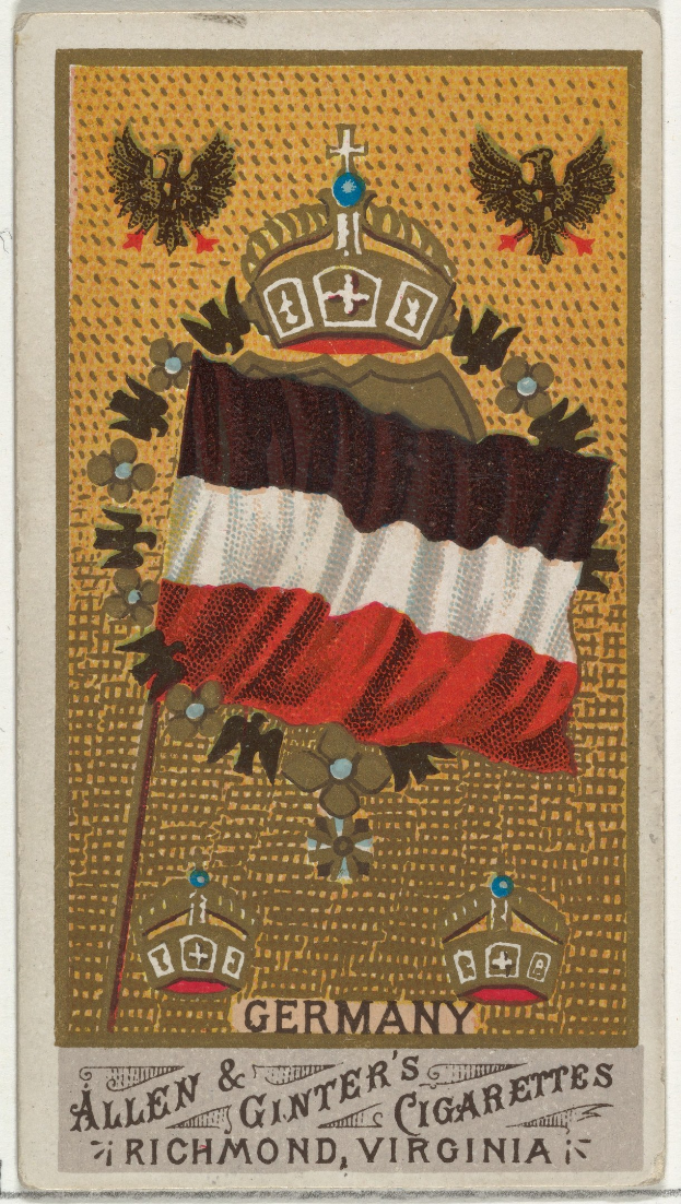 Alte Zigarettenkarte mit einer deutschen Flagge mit drei senkrechten Streifen in Rot, Weiß und Blau, einem weißen Kreuz in der Mitte und der Schrift "Deutsch" in fetter schwarzer Schrift.