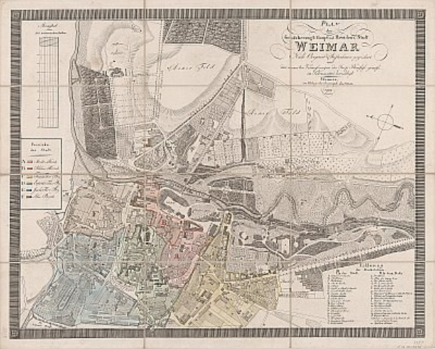 Ein detaillierter alter Stadtplan von Weimar, Deutschland, der Straßen, Gebäude, Sehenswürdigkeiten und Text enthält, der Informationen über die Bevölkerung und bekannte Orte bereitstellt.